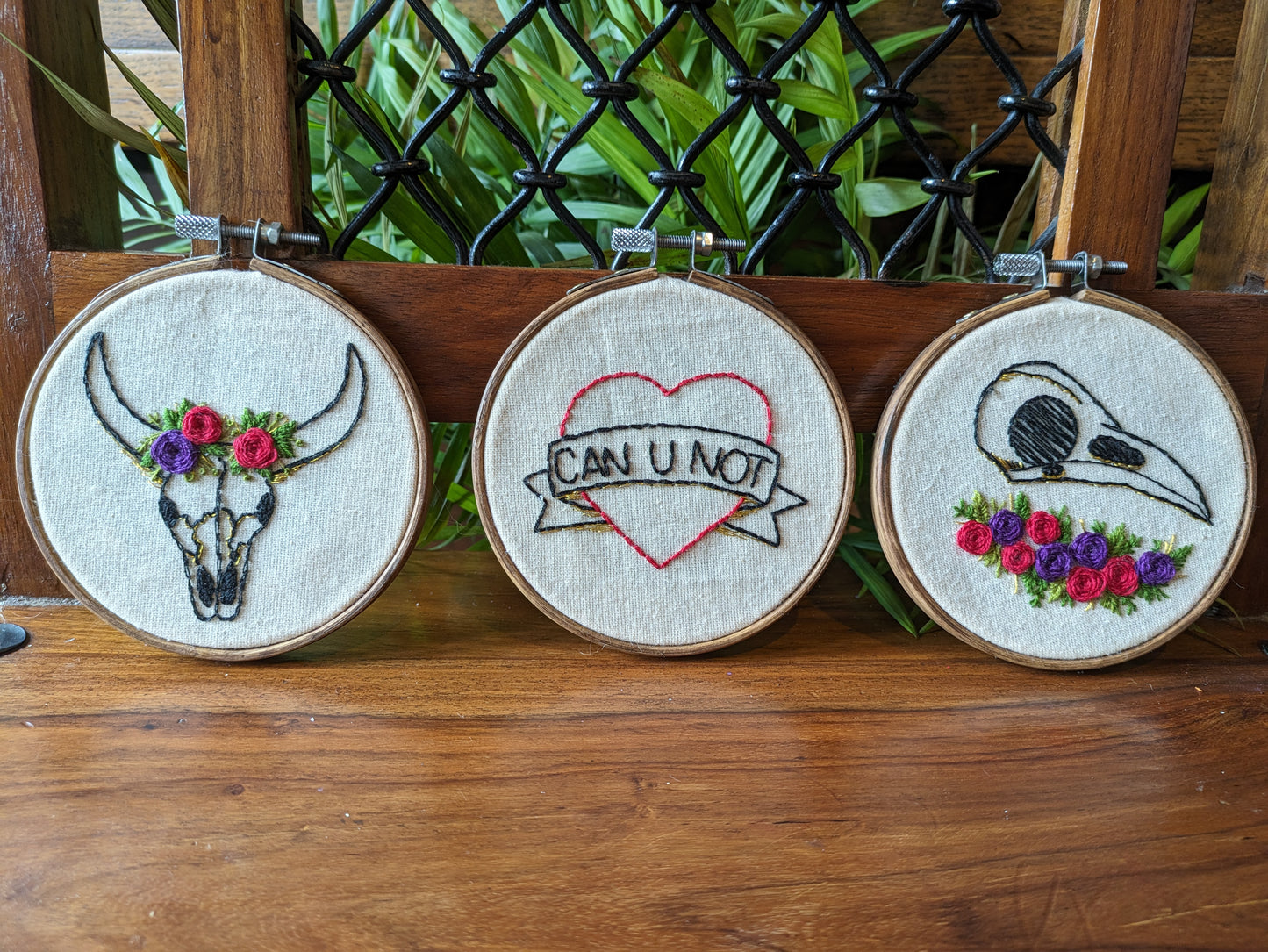 Bones and flora trio embroidery