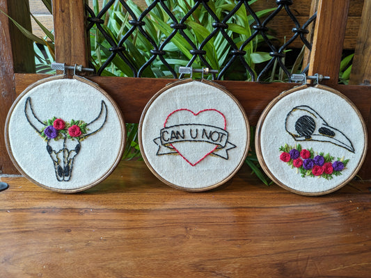 Bones and flora trio embroidery